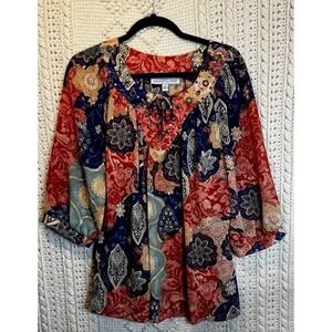 Samantha Grey Women's Orange Blue Boho Floral Embellished Top Shirt‎ Blouse 10